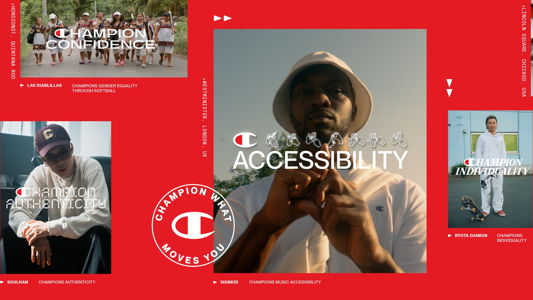 A collage of creators featured in Champion's “Champion What Moves You” campaign